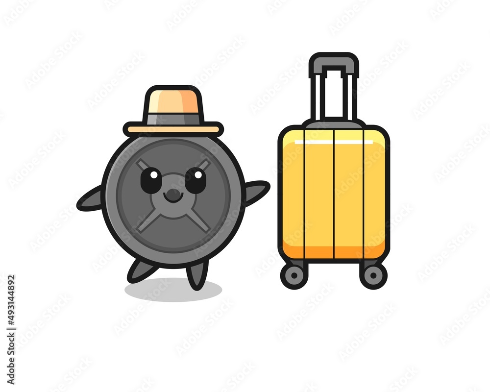 barbell plate cartoon illustration with luggage on vacation