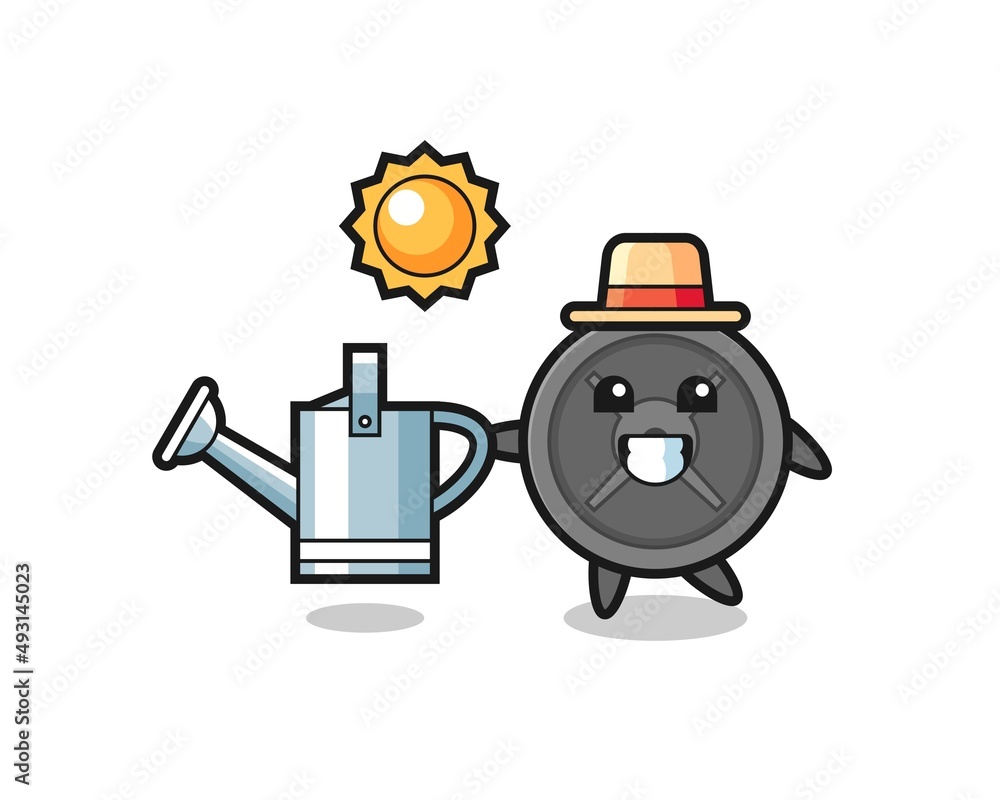 Cartoon character of barbell plate holding watering can Cartoon character of barbell plate holding watering can