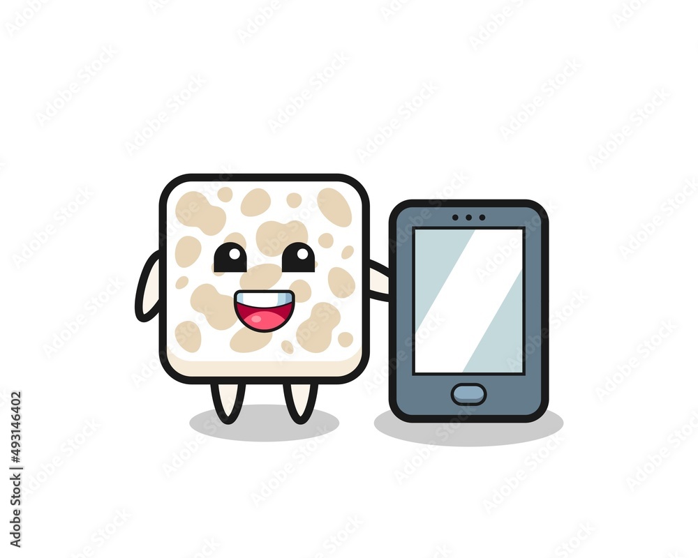 tempeh illustration cartoon holding a smartphone