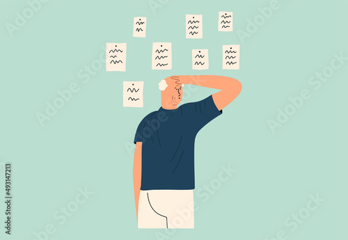 The old man puts his hand on his head and looks at the notes. The concept of dementia, Alzheimer's disease. Vector illustration in a flat style.