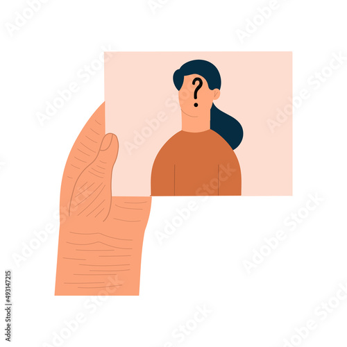 Dementia concept. The hand of an elderly person is holding a photograph with an unidentified face of a relative. Vector illustration in flat style
