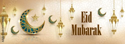 Eid Mubarak or Ramadan Kareem on Islamic design concept with crescent moon on color background
