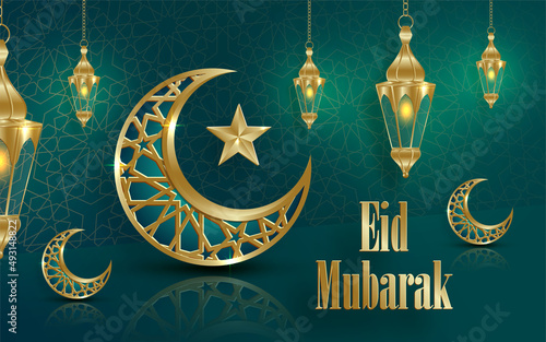 Eid Mubarak or Ramadan Kareem on Islamic design concept with crescent moon on color background