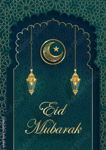 Eid Mubarak or Ramadan Kareem on Islamic design concept with crescent moon on color background
