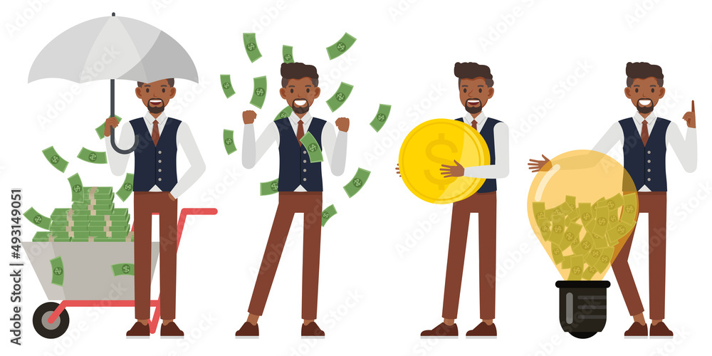 Obraz premium Set of businessman wear blue suit character vector design. Presentation in various action. People working in office planning, thinking and economic analysis. Money concept.