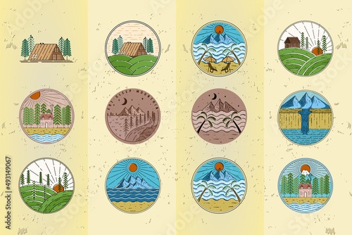 Set of Outdoor Logo Badge. Set of Cabin, cottage, mountain, beach, hill and waterfall logo template. Emblem vintage logo for shirts, stamps, stickers, pin and labels.