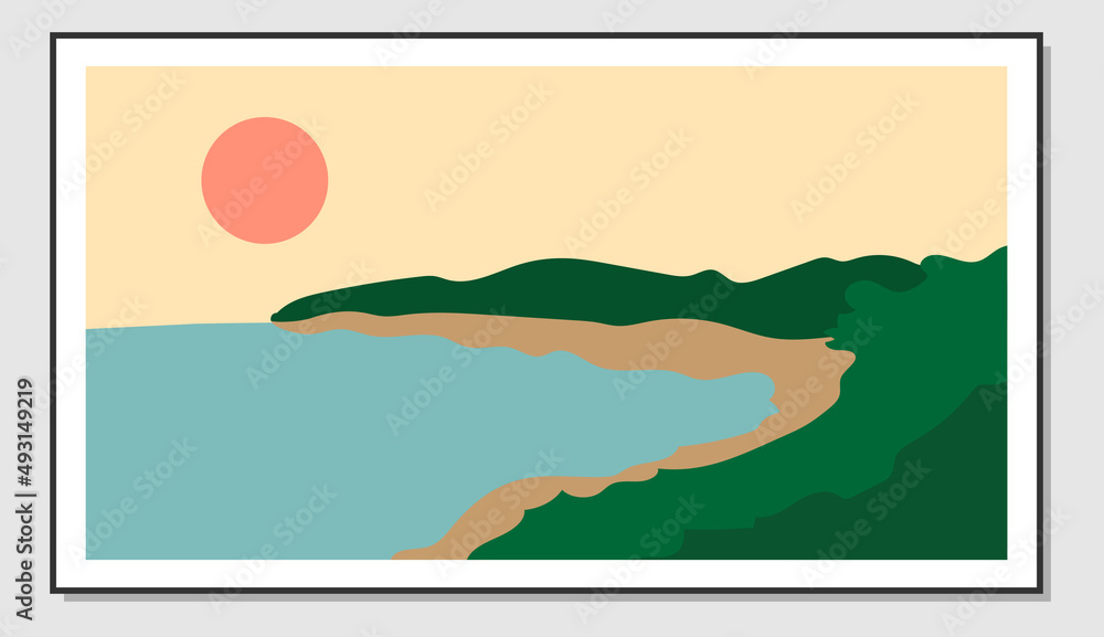 Naklejka premium Landscape wall art. Seascape design, green forest and sun. Suitable for wall decoration