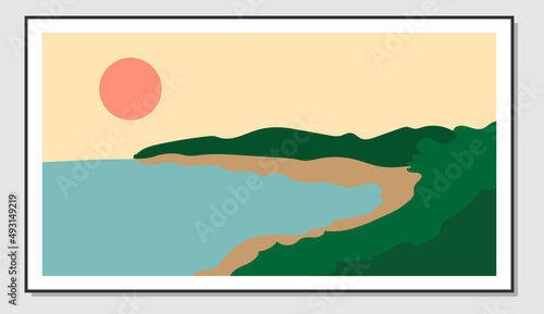 Landscape wall art. Seascape design, green forest and sun. Suitable for wall decoration