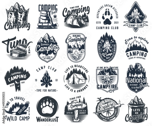 Set of monochrome camping and travel emblems, including campfire, flag, wood, lantern, forest