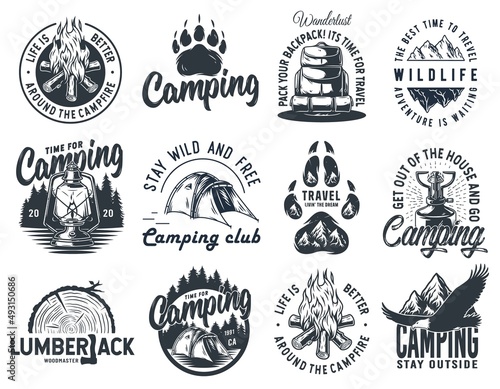 Set of monochrome camping and travel emblems, including campfire, outdoor lantern, forest wild life and eagle