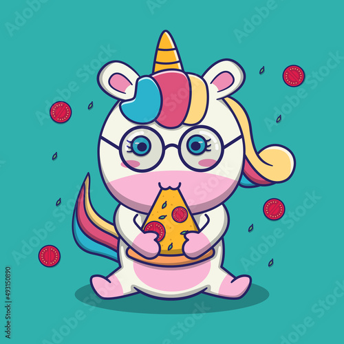 cute unicorn eating pizza, suitable for children's books, birthday cards, valentine's day, stickers, book covers, greeting cards, printing. 