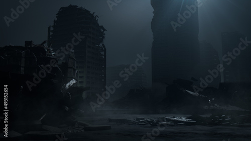 Destroyed City with Bombed Buildings. Conflict Concept. photo