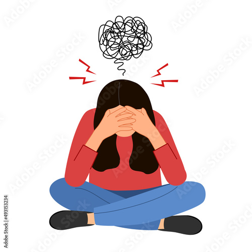 Anxious woman feeling sad and stress sitting on the floor in flat design. Female worries about her problem and got headache. Depression symptom.