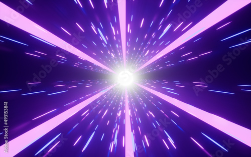 Glowing particles with neon tunnels, 3d rendering.