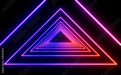 Triangle glowing neon tunnel, 3d rendering.