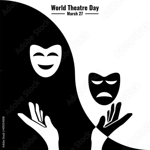 Black White Mask Icon Vector, World Theater Day Design Concept, suitable for social media post templates, posters, greeting cards, banners, backgrounds, brochures.