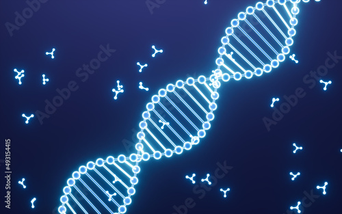 Glowing DNA and molecules, 3d rendering.