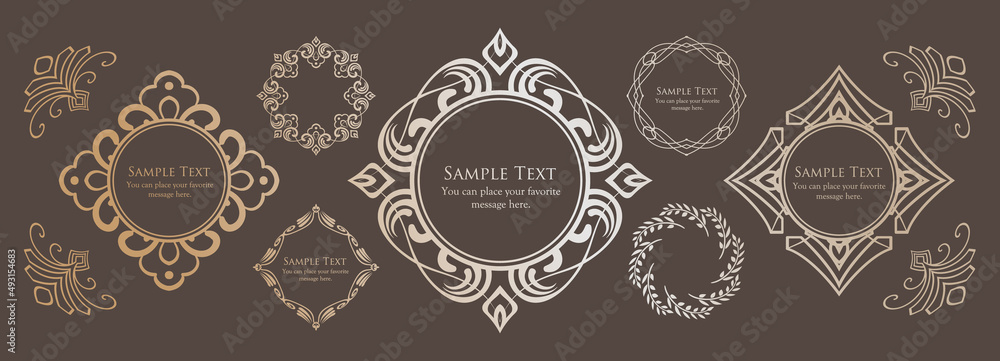 春の植物モチーフのフレームセット。ビンテージフラワー。装飾デザイン。流行りのあしらい