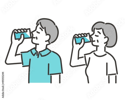 コップで水を飲むシニアのベクターイラスト素材／薬／夏／熱中症／ペットボトル