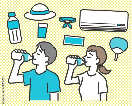 熱中症対策に水分補給をする若い男女と熱中症対策のアイコンのベクターイラスト素材／夏／熱中症／ペットボトル