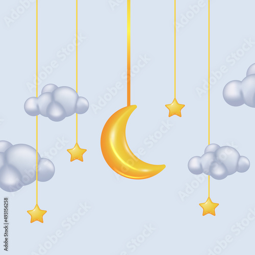 3D cute golden moon crescent toy with cloud and hanging star concept for sweet dream lullaby