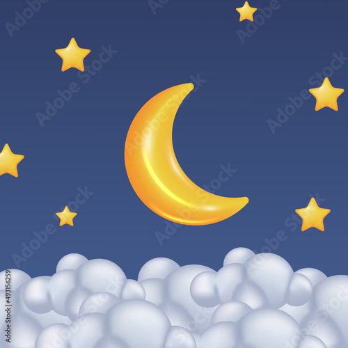 3d yellow cute crescent moon and star with cloud at night sky for sweet dreams lullaby baby concept