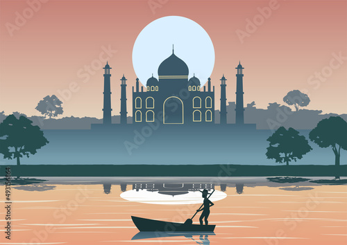 silhouette design of man row boat in river near Taj mahal,vector illustration