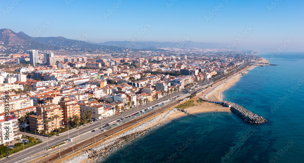 Drone view of the small seaside Catalan town of Vilassar de Mar, Spain