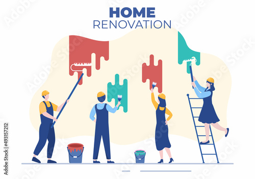 Home Renovation or Repair with Construction Tools, Laying Floor Tiles and Painting Wall to Good Decoration Condition in Flat Background Illustration