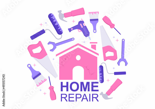 Home Renovation or Repair with Construction Tools, Laying Floor Tiles and Painting Wall to Good Decoration Condition in Flat Background Illustration