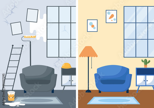 Home Renovation or Repair with Construction Tools, Laying Floor Tiles and Painting Wall to Good Decoration Condition in Flat Background Illustration
