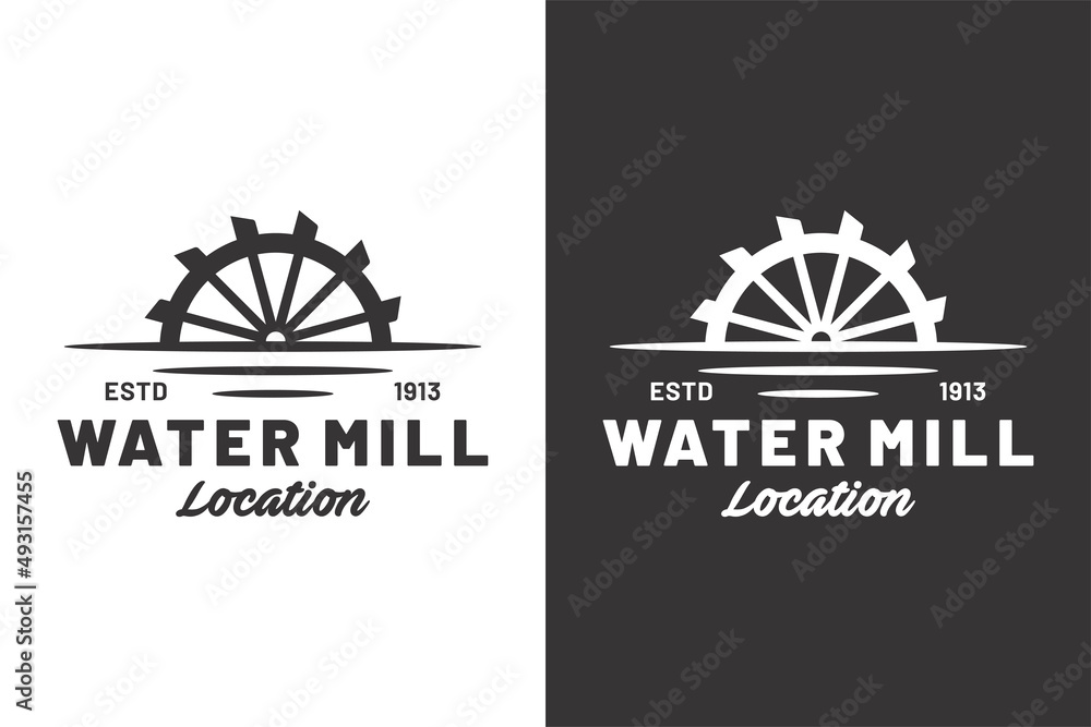 Vintage water mill logo template - obrazy, fototapety, plakaty 