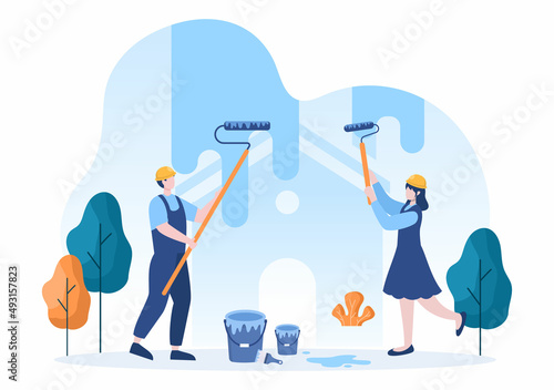 Home Renovation or Repair with Construction Tools, Laying Floor Tiles and Painting Wall to Good Decoration Condition in Flat Background Illustration