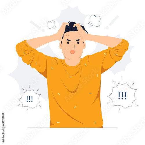 Man feeling angry with brain explosion stressed, shocked, surprise face, angry and frustrated. Fear and upset for making mistake concept illustration
