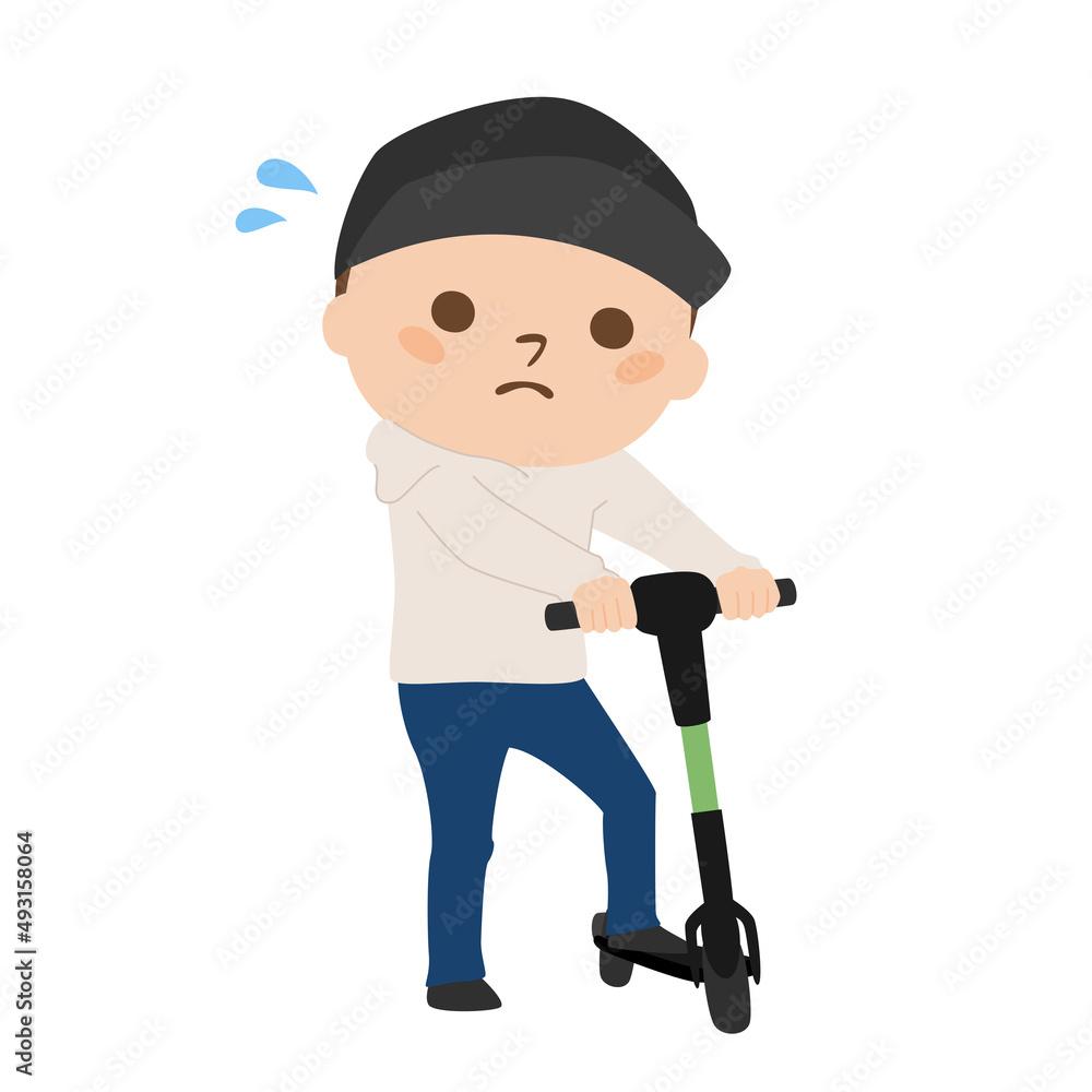 電動キックボードに乗ろうとしてる男性のイラスト。