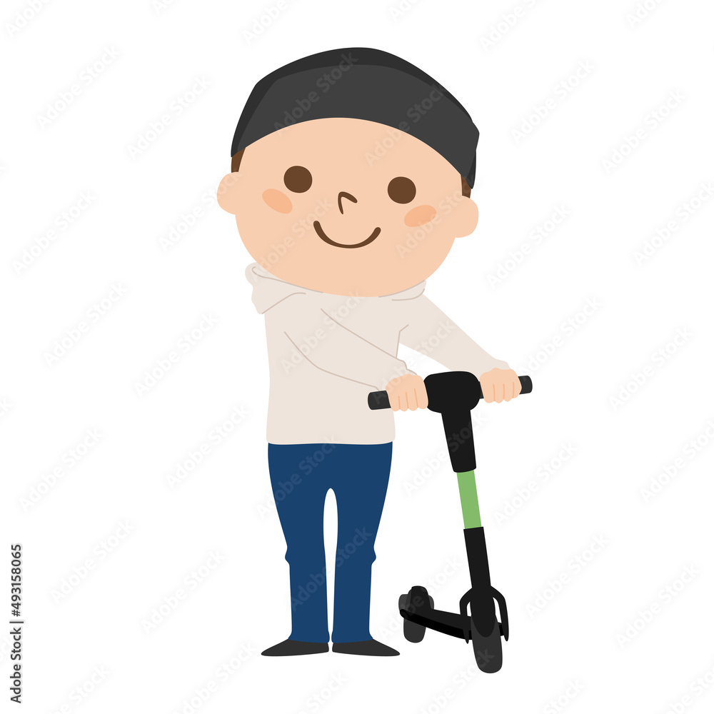 電動キックボードを押してる男性のイラスト。 電動キックボードを押してる男性のイラスト。