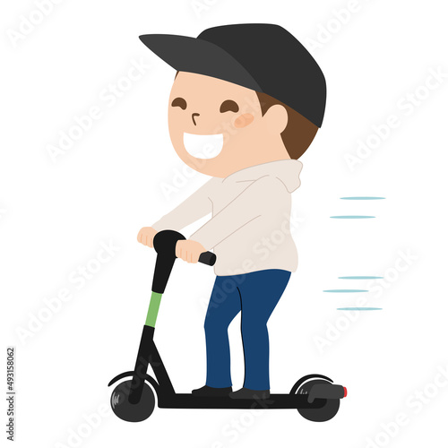 電動キックボードで走っている男性のイラスト。