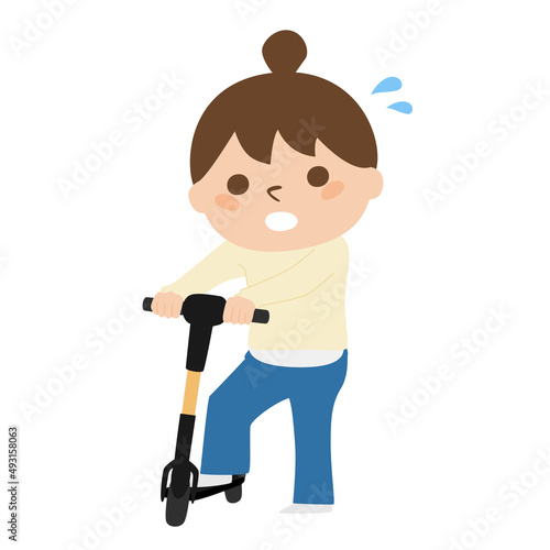 電動キックボードに乗ろうとしてる女性のイラスト。
