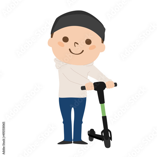 電動キックボードを押してる男性のイラスト。