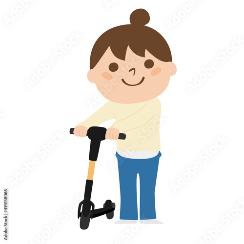 電動キックボードを押してる女性のイラスト。