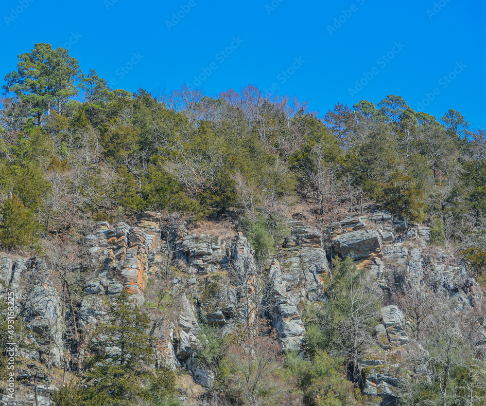 Beautiful Rock Wall in Beavers Bend State Park along the edge of the forest, Broken Bow, Oklahoma