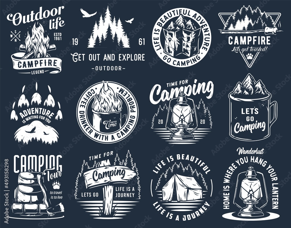 Camping outdoor travel adventure emblems, big camp set with campfire, hiking gear, wild eagle and forest - obrazy, fototapety, plakaty 