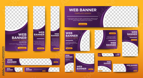 Creative banners design web template Set, Horizontal header web banner. Gradient purple and yellow. cover header background for website design, Social Media Cover ads banner, flyer, invitation card