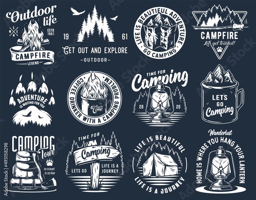 Camping outdoor travel adventure emblems, big camp set with campfire, hiking gear, wild eagle and forest