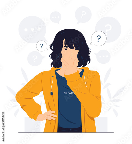 Girl with hand on chin feeling confused while looking up with thoughtful focused expression, questioned, thinking, and curious with question mark concept illustration