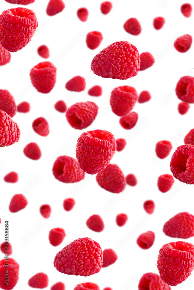 Raspberries abstract background. Fruit pattern of colorful wild berries isolated on white background. Raspberries, blackberry and brumble. Top view. Flat lay Raspberries abstract background. Fruit pattern of colorful wild berries isolated on white background. Raspberries, blackberry and brumble. Top view. Flat lay