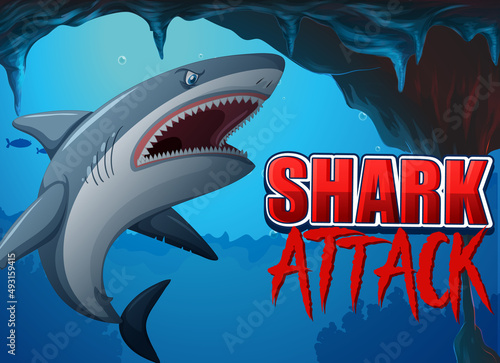 Aggressive shark underwater deep sea background