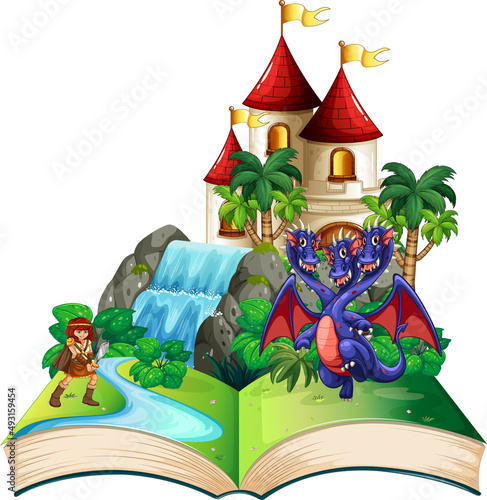 Book with scene of  dragon and knight by castle