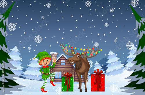 Snowy night scene with Christmas cartoon characters