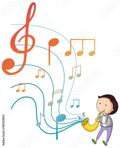 A little boy blowing saxophone with music notes on white background